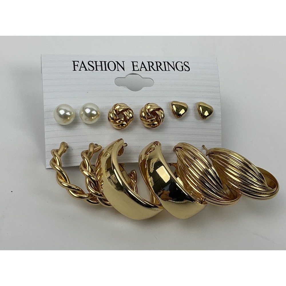 Gold Tone Studs and Hoop Earrings Set Fashion Jewelry for Women Classic 6 Pairs